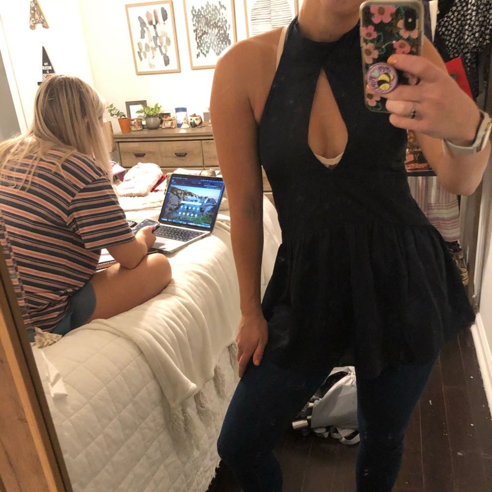 Halter Navy Silk Blouse Top. Size Small